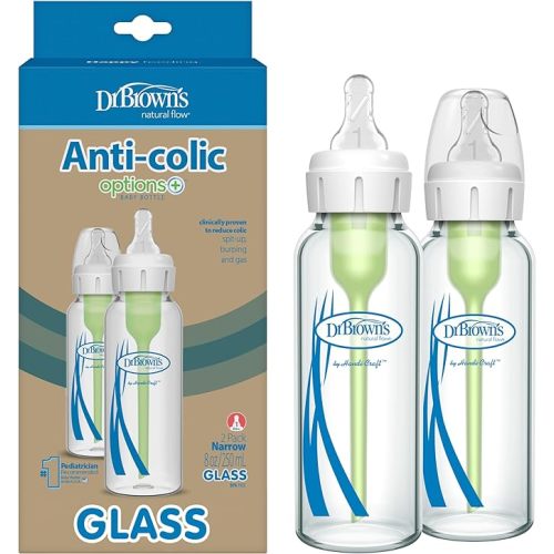 Dr. Brown’s Natural Flow® Anti-Colic Options+™ Narrow Glass Baby Bottles, 2-Pack, 8 oz/250 mL ( Packaging May Vary )