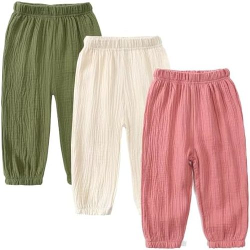 GFQLONG Toddler Baby Girls 3 Pack Elastic Waist Pants Soft Cotton Linen Harem Bloomers Summer Fall Long Pants