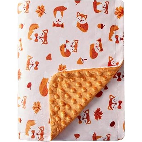 DaysU Silky Micro Soft Plush Baby Blankets Unisex with Print Animal Pattern and Soothing Raised Dots, Double Layer Bed Throws for Toddler Cot, Fox, Orange, 50x60 Inches