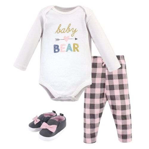 Hudson Baby Infant Girl Cotton Bodysuit, Pant And Shoe 3pc Set, Girl Baby Bear, 0-3 Months