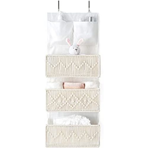 Mkono Macrame Over The Door Organizer Boho Decor Baby Nursery Storage with 3 Large Woven Pockets Wall Mount Hanging Behind Door for Bathroom, Bedroom, Closet, Dorm
