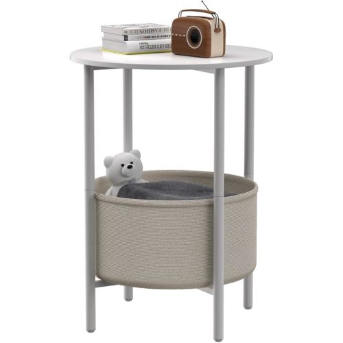 Round End Table with Fabric Basket, Bedside Table with Storage, Morden Round Nightstand, Samll Side Table for Living Room,Bathroom,Bedroom, Nursery, Laundry, White