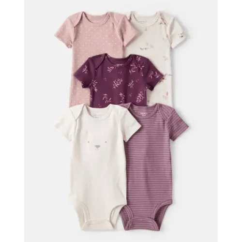 Newborn Size - Baby Girl 5-Pack Bear Floral Multipack Bodysuits - White/Pink/Purple | Carter's