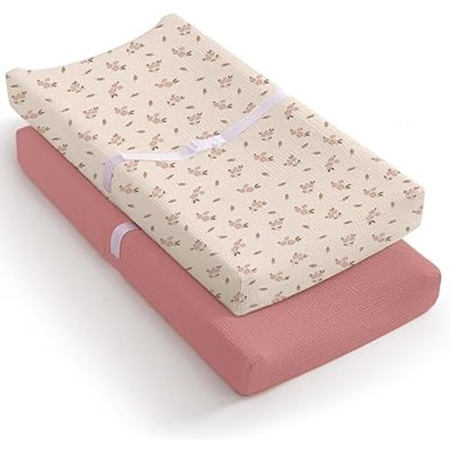 Mi Flor Muslin Changing Pad Cover – Ultra Soft Oeko-Tex Certified Baby Changing Table Cover with Elastic Corners, 360° Fit, Lightweight, Breathable, Fits Most Changing Pads – 2 Pack