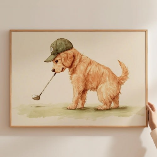 Vintage Retro Golf Wall Art, Cute Golden Retriever Puppy Print, Golfing Dog Nursery Poster, Golfer Kid Prints, Kids Sport Bedroom Posters