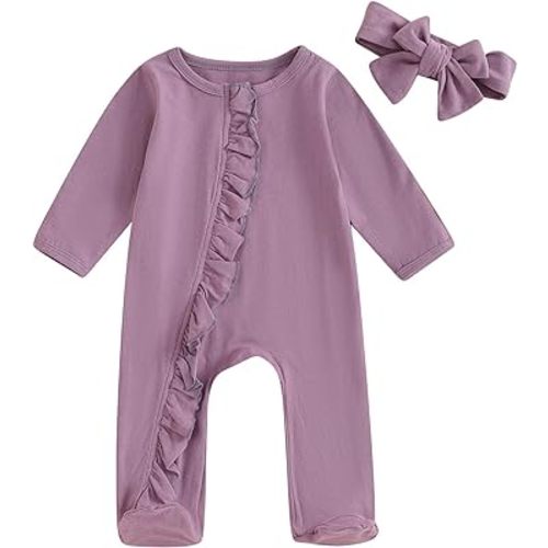 Newborn Baby Girl Solid Romper Clothes Long Sleeve Ribbed Onesie Bodysuit Infant Knitted Jumpsuit Headband Outfits
