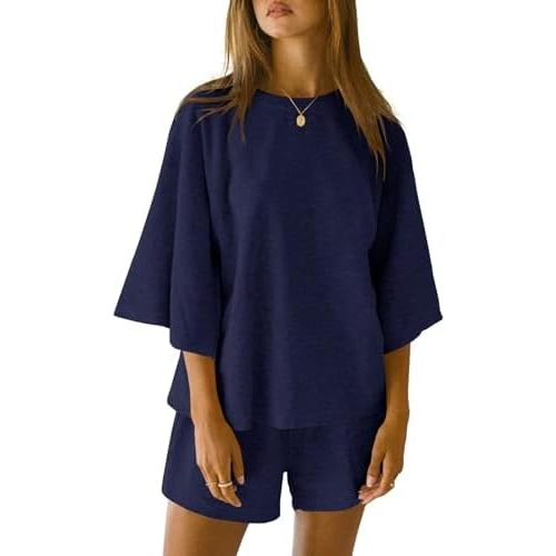 Tankaneo Womens Pajama Sets 3/4 Sleeve Oversized Tops and Elastic Waist Shorts Lounge Sets Loungewear