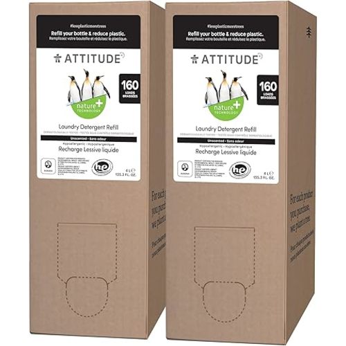 ATTITUDE Liquid Laundry Detergent, EWG Verified Laundry Soap, HE Compatible, Vegan and Plant Based Products, Cruelty-Free, Unscented, Bulk Refill, 160 Loads, 135.26 Fl Oz (Pack of 2)