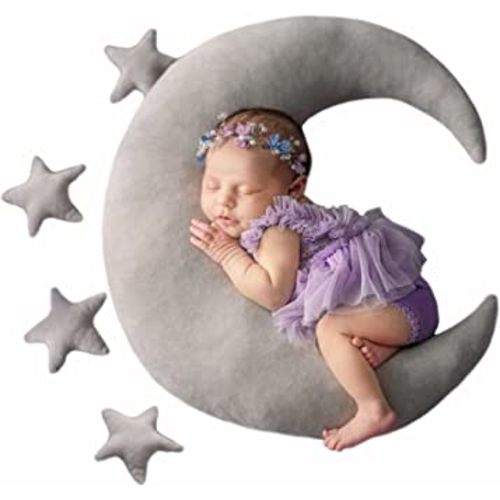 1+4pcs Baby Moon Star Pillow Set Newborn Posing Photography Prop Moon Star Prop for Newborn Photography Baby Posing Pillows Baby Moon Nursery Pillow (C-Grey)