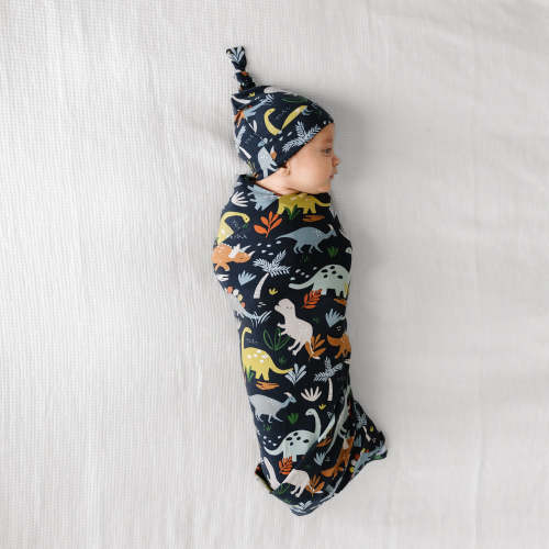Navy Jurassic Jungle Swaddle + Hat Set - Little Sleepies