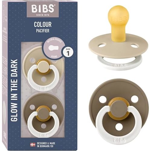 BIBS Pacifiers Colour Collection | Natural Rubber Baby Pacifier | Set of 2 BPA-Free Soothers | Made in Denmark | 0+ Months (Pack of 2) | Vanilla Night/Dark Oak Night
