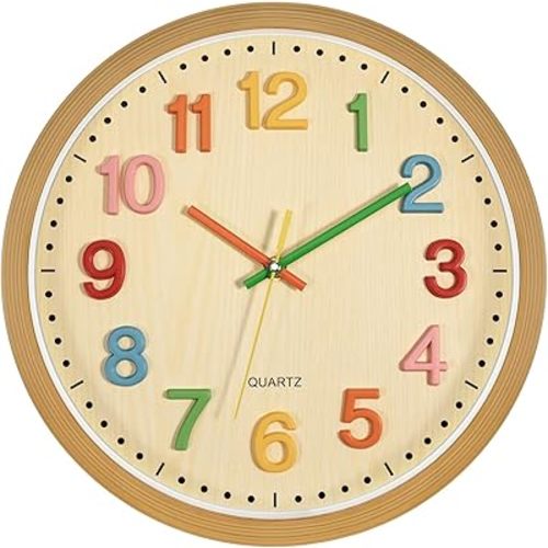 Foxtop Silent Kids Wall Clock Non-Ticking Battery Operated Colorful Childrens Clock for Classroom Playroom Nursery Bedrooms Kids Room (3D Numbers, 12 inch)