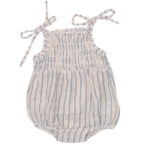 Tie Strap Smocked Bubble Sunsuit, Ticking Stripe Navy Clay