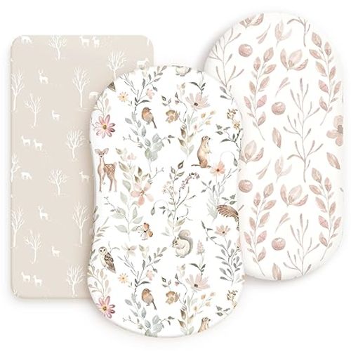 GRSSDER Stretchy Ultra Soft Fitted Bassinet Sheets 3 Pack, Universal Fit for Baby Cradle Moses Basket Oval Rectangle Mattress Safe and Snug, Beautiful Blush Pink Floral Bassinet Sheet for Girls