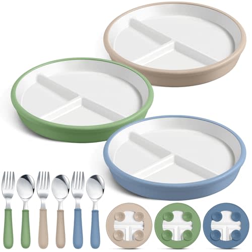Teenyyou 3 Pack 8" Large Porcelain Toddler Plates Feeding Set, Ceramic Kids Suction Plates with Anti Slip Silicone Sleeve for Baby 3 Spoons and Forks Divided Kids (Blue,Green,Beige)