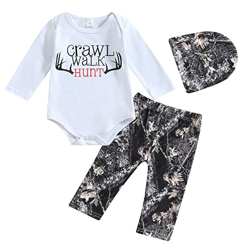 Newborn Baby Boys Hunting Clothes Set Long Sleeve Letters Deer Romper Bodysuit Pants Hat Outfit