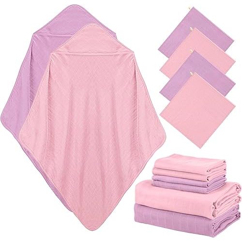 Preboun 6 Pcs Muslin Hooded Baby Towels and Washcloths 32"x 32" Cotton Newborn Bath Towel Infant Baby Blankets with Hood Absorbent 11"x 11" Muslin Washcloths for Girls Boys Toddler(Light Pink,Purple)