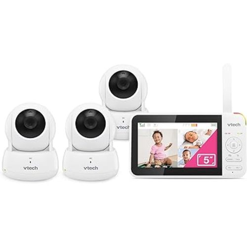 VTech Video Baby Monitor with 3 Cameras, 5" LCD Screen, Up to 17Hrs Video & 31Hrs Audio Battery Life, Night Vision, 1000ft Range, Pan-Tilt-Zoom, Lullabies, Soothing Sounds, Temperature Sensor, VM924-3
