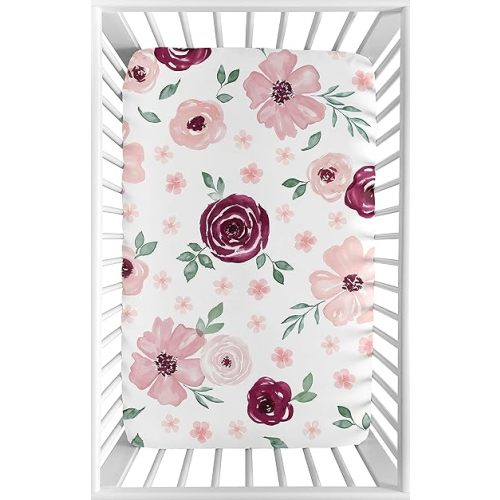 Sweet Jojo Designs Burgundy Watercolor Floral Girl Fitted Mini Crib Sheet Baby Nursery For Portable Crib or Pack and Play - Blush Pink, Maroon, Wine, Rose, Green and White Shabby Chic Flower Farmhouse