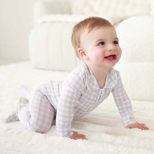 Peter Pan Collar Zipper Footie | Taupe Gingham
