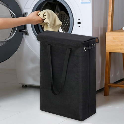 45L Slim Laundry Hamper with Lid Narrow Laundry Basket with Handle Upgrade Foldable Dirty Clothes Hamper Portable Skinny Hamper Organizer Storage Bins (23.6 inches,Black)