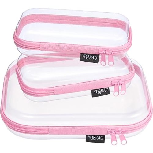 3 Pack Hard Sided Clear Zipper Case for Storage- Thickened-Grade Clear Hard Shell Zipper Case for Organizing Bead, Handicrafts, Sewing, Toiletries, Makeup (Pink)