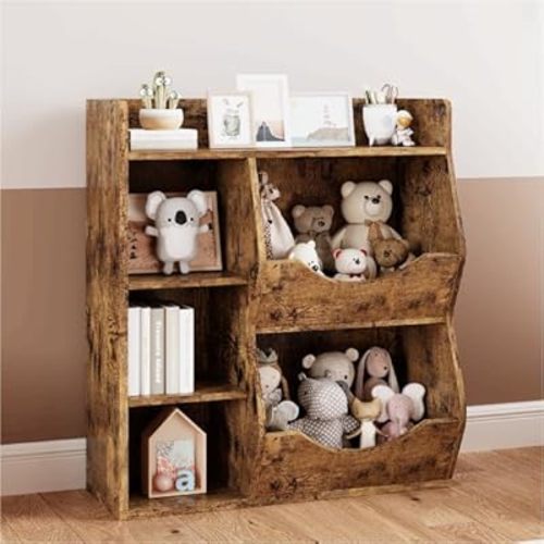 Rustic Brown 5-Cubby Kids Bookshelf & Playful Bookcase for Boys and Girls, Toy Storage Organizer for Books and Toys, for Kindergarten, Bedroom and Playroom