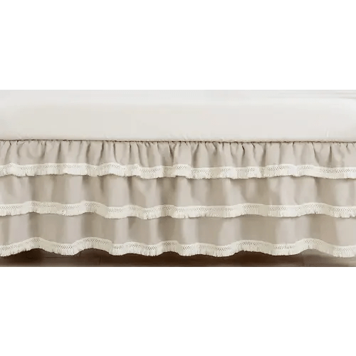 Sweet Jojo Designs Boho Bohemian Boy Girl Baby Crib Bed Skirt Nursery Dust Ruffle - Solid Taupe Beige Ivory Cream Off White Linen Farmhouse Shabby Chic Designer Modern Minimalist Ruffle Tassel Macrame