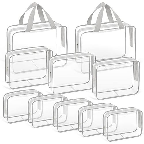 10 PCS Clear Travel Makeup Toiletry Bag, Plastic PVC Cosmetic TSA Approved Organizer Kit with Zipper Handbag（Grey）