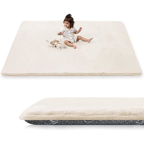 PAPAMAT 1.5" Thick Baby Play Mat for Floor, 59x79 Playpen Mat, Pro Soft Flannel Foam Mats Toddler Infant Kids Crawling for Nursery Rug Playroom Living Room Waterproof Easy Care Non-Slip (Beige)