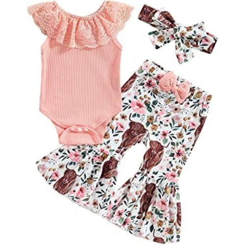 Lefyira Cow Print Bell Bottoms Outfits Toddler Girl Short Sleeve Romper Rib Knit Button Bodysuit Flare Pants Clothes Summer