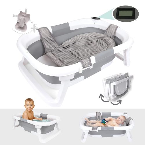 Collapsible Baby Bathtub with Thermometer – Bathtub + Baby tub Sling + Newborn Sling – Baby Bathtub Newborn to Toddler 0-24 Months – The Ultimate Baby Bath Tub! (with Thermometer,Gray)