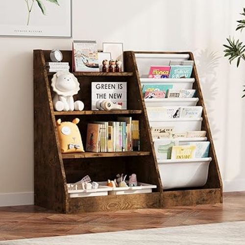 NACHES Montessori Kid Bookshelf Toddler Bookcase Cabinet Children Book Rack Display Toy Storage Organizer 4 Tier 5 Sling Deep Sleeves Classroom Bedroom Nursery Playroom Wood (Rustic)