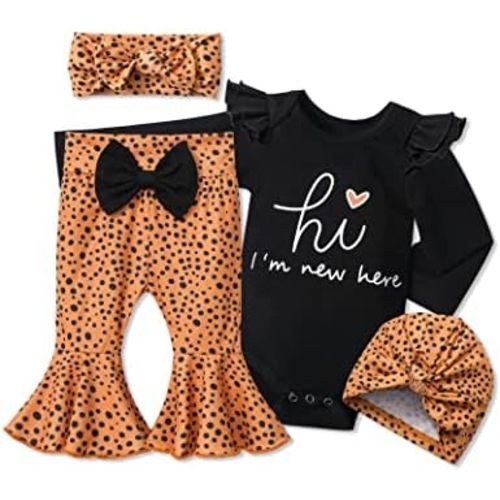 Baby Girl Clothes,4pcs Infant Newborn Girl Outfits Ruffle Romper Baby Bell Bottoms Headband Bandana Clothes Sets Gifts