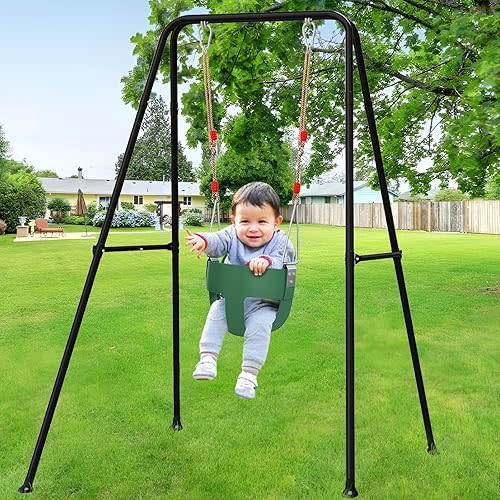 Toddler Swing Set, Indoor/Outdoor Baby Swing with Foldable Metal Stand, High Back Full Bucket Toddler Swing Seat for Backyard, Kids Swing Set, Easy to Assemble & Store
