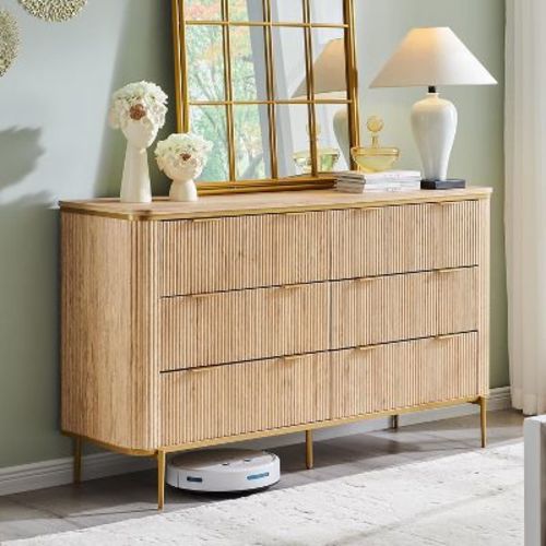 SinCiDo 54" Wide Modern Fluted 6 Drawer Dresser, Gold Accents, Wood TV Stand & Storage Dressers Organizer for Bedroom, Living Room, Natural Oak