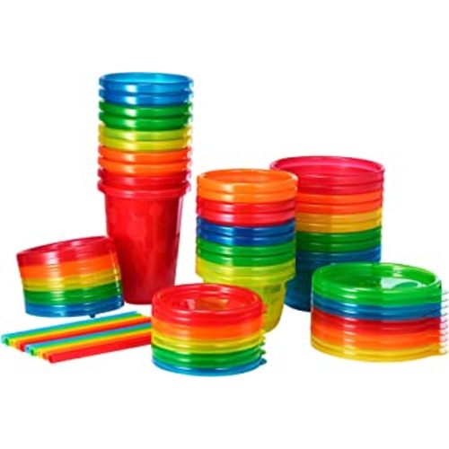 The First Years Take & Toss Spill Proof Party Pack - Rainbow Party Pack - Toddler Straw Cups, Kids Bowls, and Snack Cups - Ages 18 Months and Up - 30 Count
