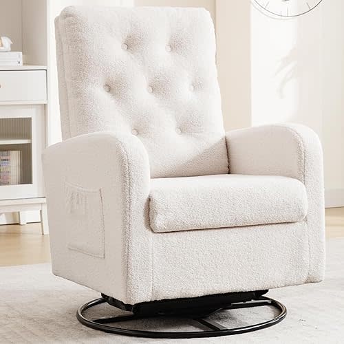 Swivel Glider Rocking Chair Nursery Modern Accent Rocking Chairs for Adults with Storage Pocket for Living Room Bedroom Comfy Nursery Glider Rocker Chair White