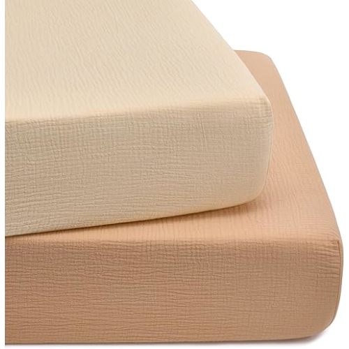 TILLYOU 2 Pack Muslin Crib Sheet for Boys and Girls - 100% Cotton Fitted Crib Sheet for Toddler Standard Crib Mattress, Soft and Breathable, 52"x28"x8",Beige&Light Brown