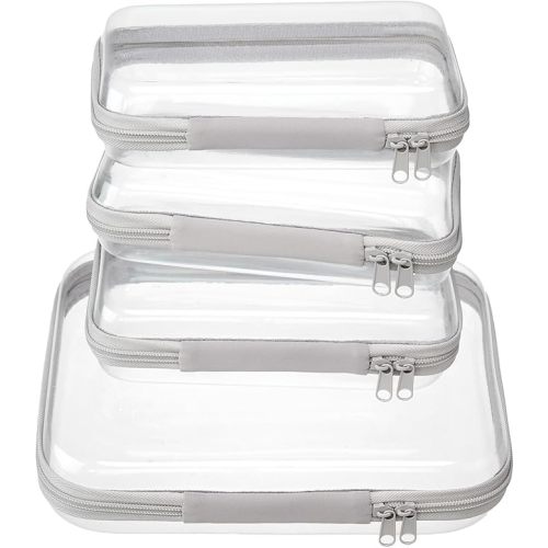 4 pcs Clear Zipper Pouches,Hard Shell Zipper Case, Toiletry Bag for Travel, CLear Diaper Bag, Toiletry Pouch, Travel Organizer, Cosmetic Bag,Toy Storage Bins (M+3S) (Gray)