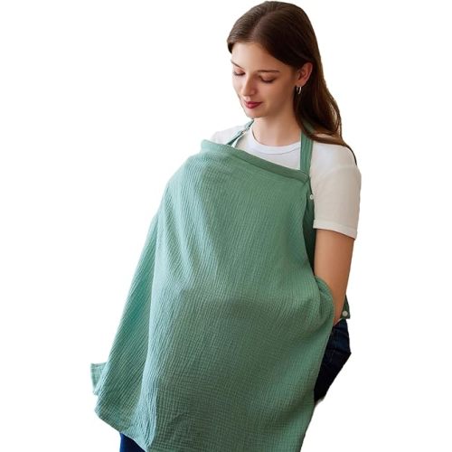 Breastfeeding Cover with Removable Hoop Arch Neckline,Breathable Nursing Cover Up for Breastfeeding, 100% Cotton Breast Feeding Covers for Women (Green)