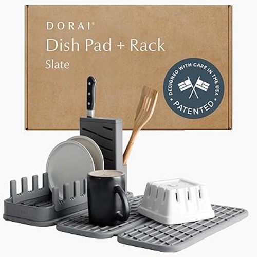 Dorai Home Collapsible Drying Rack and Stone Dish Pad – Foldable Dish Drying Rack with Instant-Dry Stone Mat – Space-Saving Collapsible Drainer Rack for Kitchen Counter - 19.9" x 15.2" (Slate)