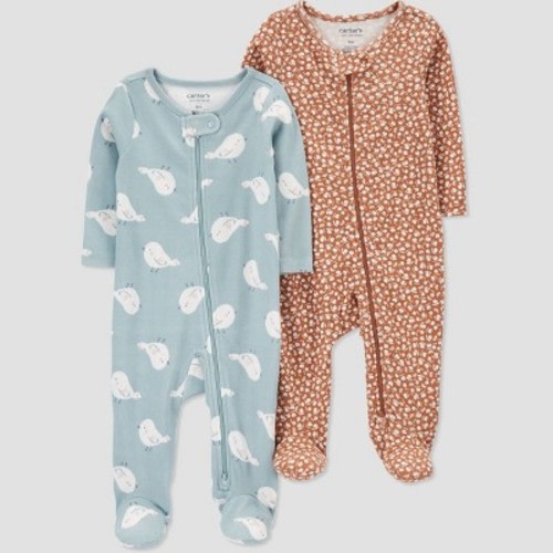Carter's Just One You®️ 2pk Baby Girls' Birds and Floral Sleep N' Play - Brown/Blue 6M