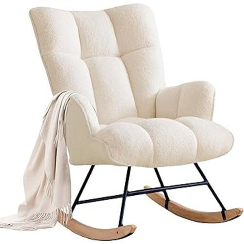 Rocking Chair Nursery Glider Rocking Chair Teddy Rocking Accent Chair Nursery Rocker Nursing Rocking Chair for Living Room Bedroom Office (Ivory, Teddy)