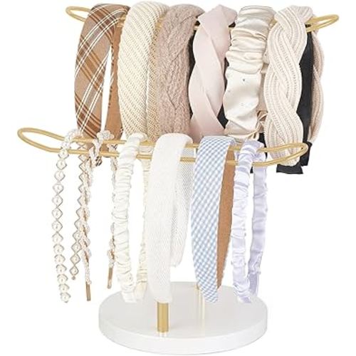 Dahey Headband Holder Organizer Metal 2-Tier Hair Hoop Display Stand Headband Organizer Storage Hair Ropes Accessories Bracelets Bangles Bedroom College Dorm Decor for Girls Women, Gold