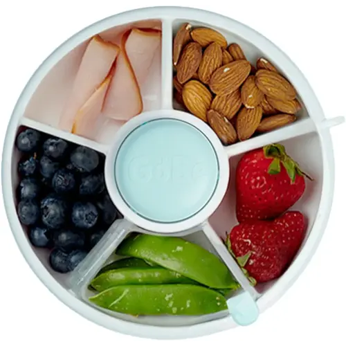 GoBe Kids Snack Spinner Bundle with Hand Strap and Sticker Sheet - Reusable Snack Container with 5 Compartment Dispenser and Lid | BPA and PVC Free | Dishwasher Safe | No Spill, Leakproof