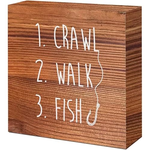 Brown Country Crawl Walk Fish Rustic Wooden Sign - Funny Baby Fishing Wooden Block Sign Decor for Home Bedroom Baby Room or Desk Shelf Table Decor