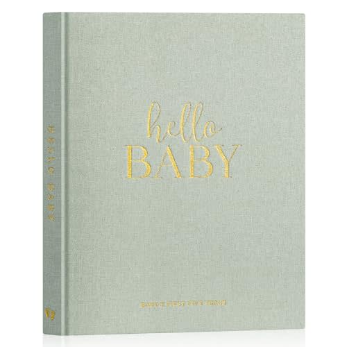 Lanpn Hello Baby First 5 Year Memory Book for Boy Girl - Linen Hardcover Baby Book Keepsake for New Parents - Newborn Baby Journal Scrapbook Photo Album Baby Milestone Book (Sage Green, 154 Pages)