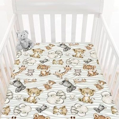 HawSkgFub Safari Jungle African Animals Fitted Standard Baby Crib Sheet Boy Girl, Giraffe Lion Tiger Elephant Zebra Toddler Mattress Cover, Soft Stretchy Nursery Bed Sheets Decor Kids Gift 52” x 28”