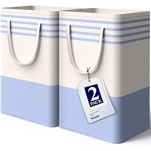 Kitsure Laundry Hamper - 2-Pack Collapsible Laundry Baskets with Well-Stitched Handles, Free-Standing Clothes Hamper with Rigid Top Edge for Household, Dorm Use, 2 x 75L, Blue